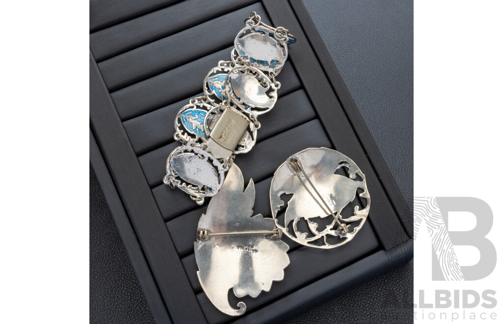 Siam Sterling Silver Bracelet & (2) Brooches with Vibrant Coloured Enamel & Dancer Motifs, 35.72 Grams