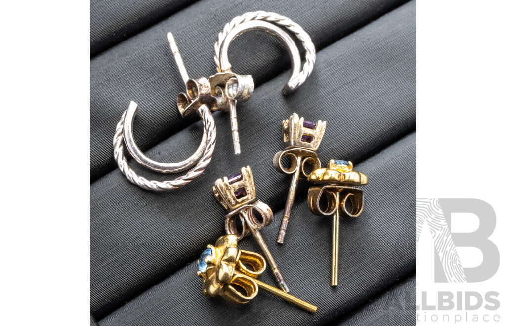 Sterling Silver (3) Pairs of Stud Earrings with Amethyst & Topaz