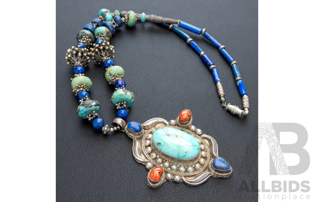 Ornate Sterling Silver Turquoise, Coral & Lapis Lazuli Necklace, 55cm Long, 119.0 Grams