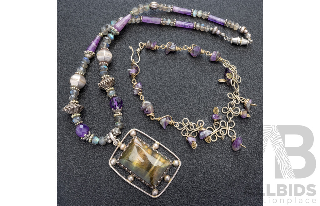 Silver Labradorite & Amethyst Beaded Statement Necklace with Ornate Amethyst Anklet