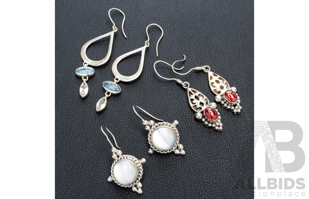 Sterling Silver (3) Pairs of Gemset Drop Earrings on Shepherds Hooks, as New with Garnet, Moonstone & Topaz