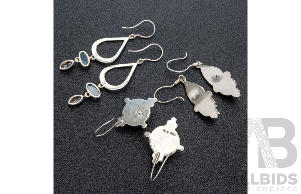 Sterling Silver (3) Pairs of Gemset Drop Earrings on Shepherds Hooks, as New with Garnet, Moonstone & Topaz