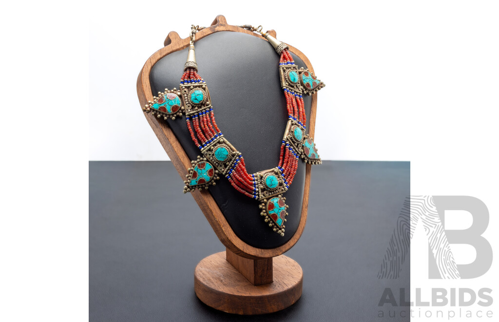 Tibetan Silver Choker Necklace with Turquoise, Coral & Lapis Lazuli, 36cm, 82.0 Grams
