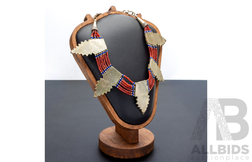 Tibetan Silver Choker Necklace with Turquoise, Coral & Lapis Lazuli, 36cm, 82.0 Grams