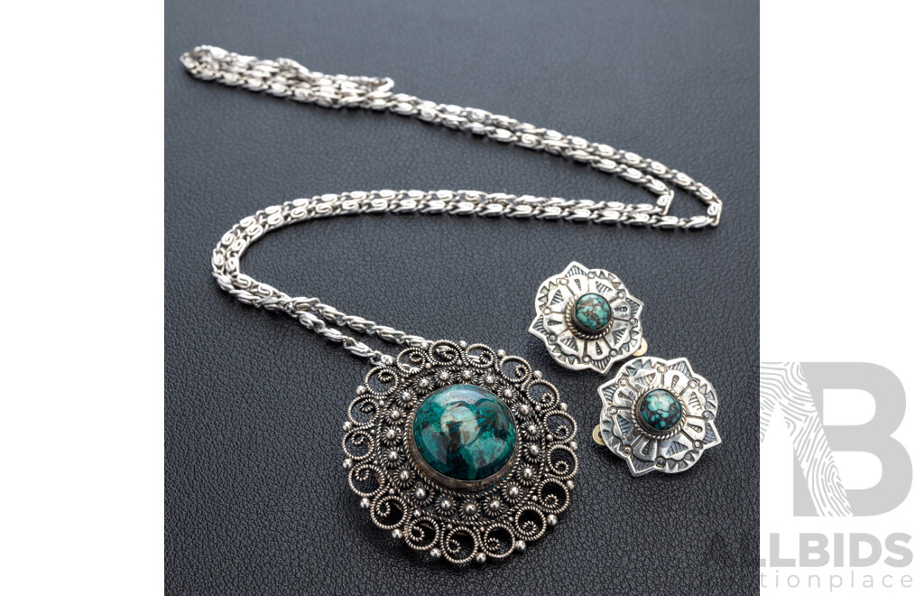 Vintage Jerusalem Silver Eliat Cabochon Brooch/pendant on Chain with Silver Eliat Clip on Earrings, 31.33 Grams