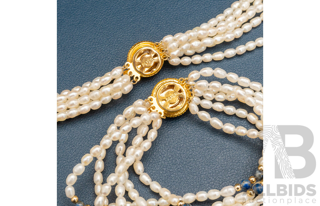 Rice Pearl & Lapis Lazuli Beaded Multi Strand Necklace & Matching Bracelet, with Gold Tone Silver Clasps