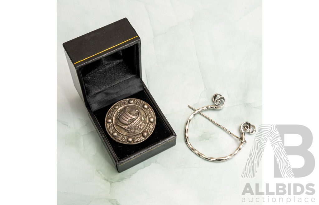 Antique Sterling Silver Brooch with Tall Ship, Birmingham 1918 & Vintage Sterling Silver Kilt Pin, 19.93 Grams