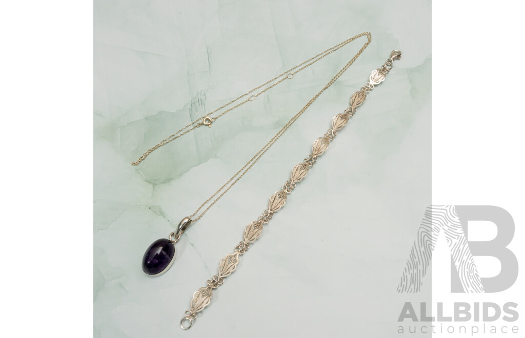 Sterling Silver Filigree Leaf Bracelet, 20 Cm and Sterling Silver Amethyst Cabochon Pendant on Chain 60+5cm, 12.85 Grams