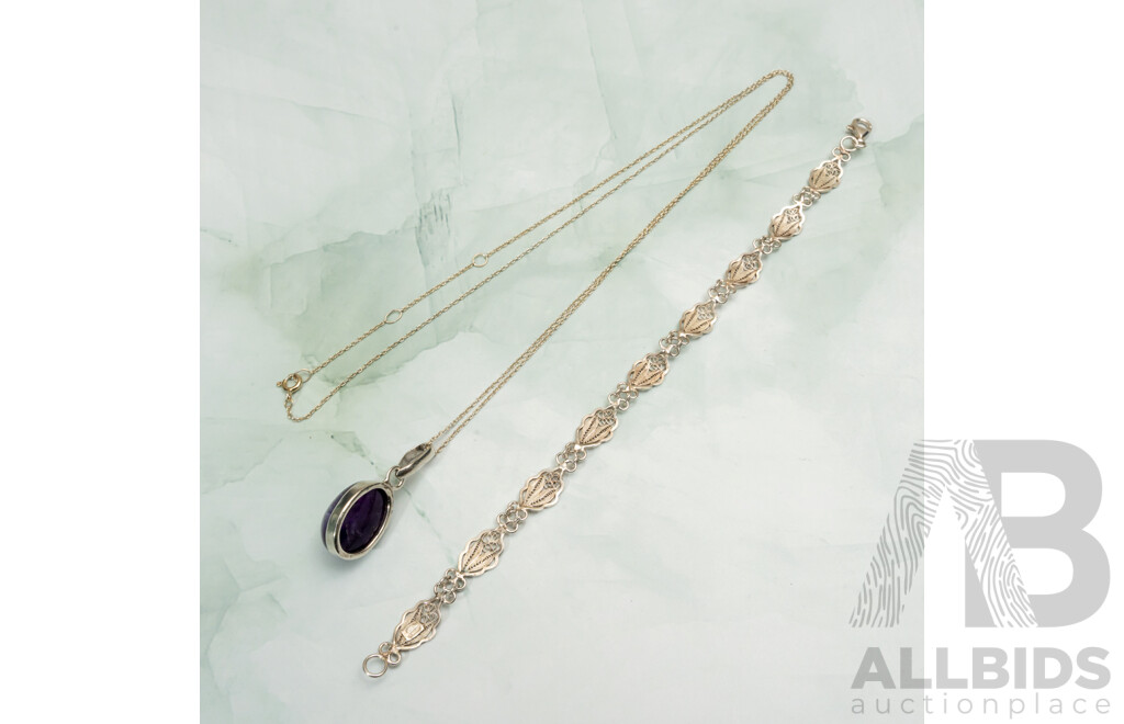 Sterling Silver Filigree Leaf Bracelet, 20 Cm and Sterling Silver Amethyst Cabochon Pendant on Chain 60+5cm, 12.85 Grams