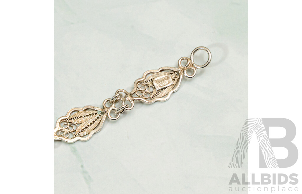 Sterling Silver Filigree Leaf Bracelet, 20 Cm and Sterling Silver Amethyst Cabochon Pendant on Chain 60+5cm, 12.85 Grams