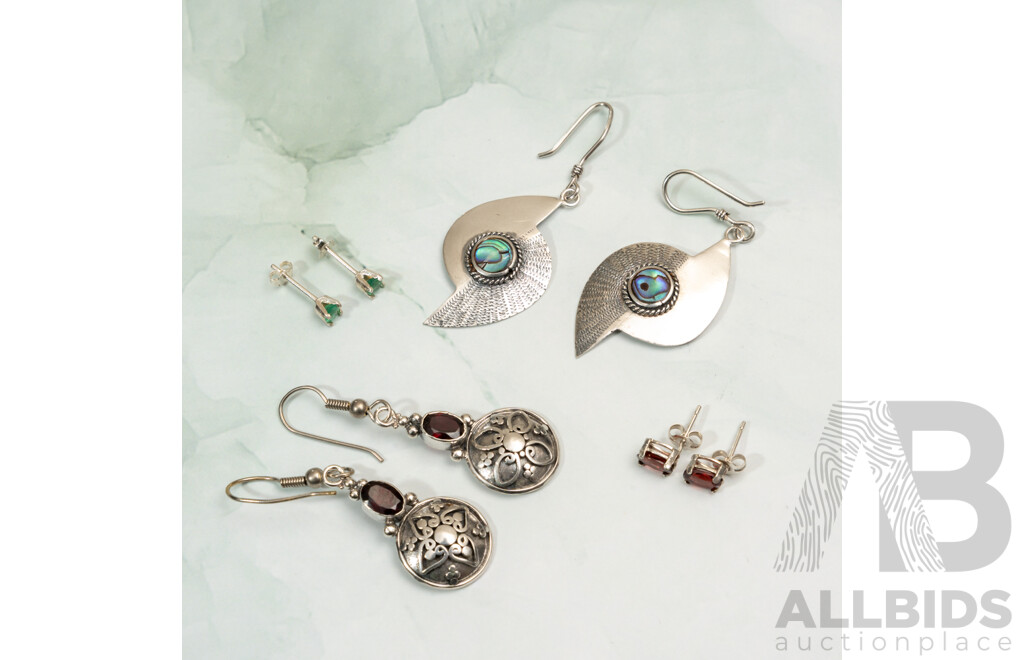 Sterling Silver Gemstone Earrings, Cleaned & Polished as New, Including Emerald, Garnet & Paua Shell, 10.69 Grams