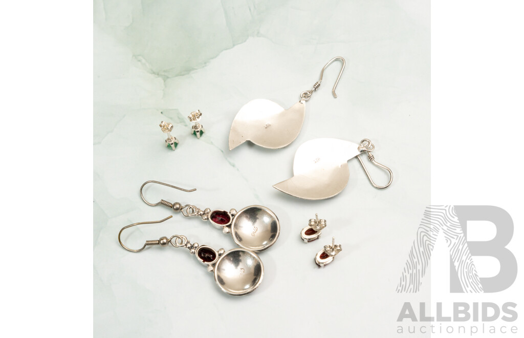 Sterling Silver Gemstone Earrings, Cleaned & Polished as New, Including Emerald, Garnet & Paua Shell, 10.69 Grams