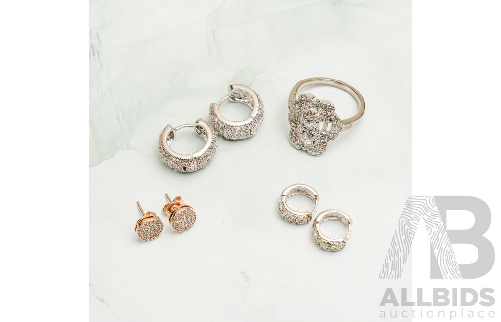 Sterling Silver Art Deco Style Cz Ring, Size T, with (3) Pairs Cz Earrings, 14.89 Grams