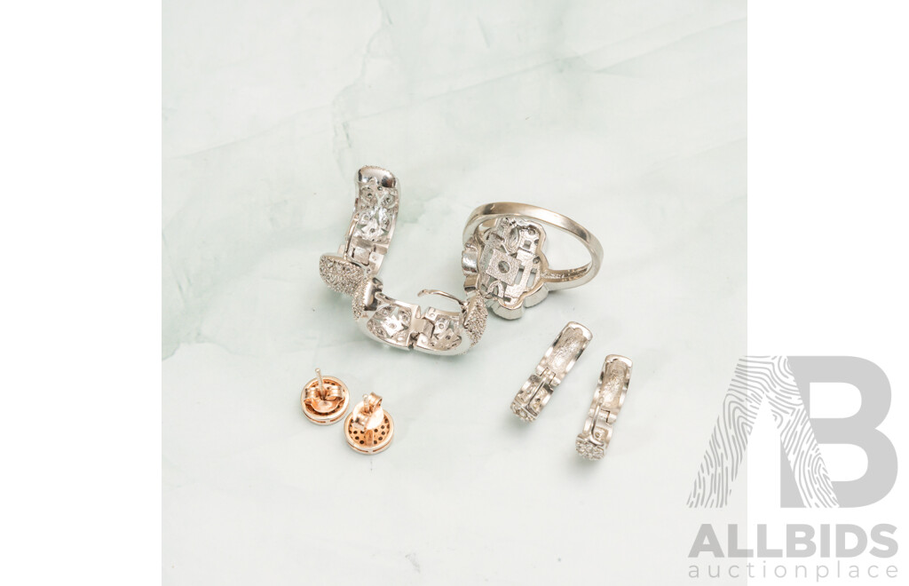 Sterling Silver Art Deco Style Cz Ring, Size T, with (3) Pairs Cz Earrings, 14.89 Grams