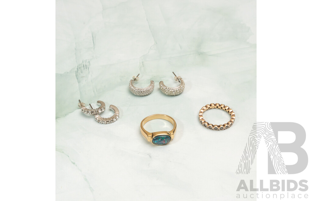 Gold Tone Sterling Silver Synthetic Opal Ring, Cz Full Hoop Ring and (2) Pairs of Swarovski Crystal Hoop Earrings