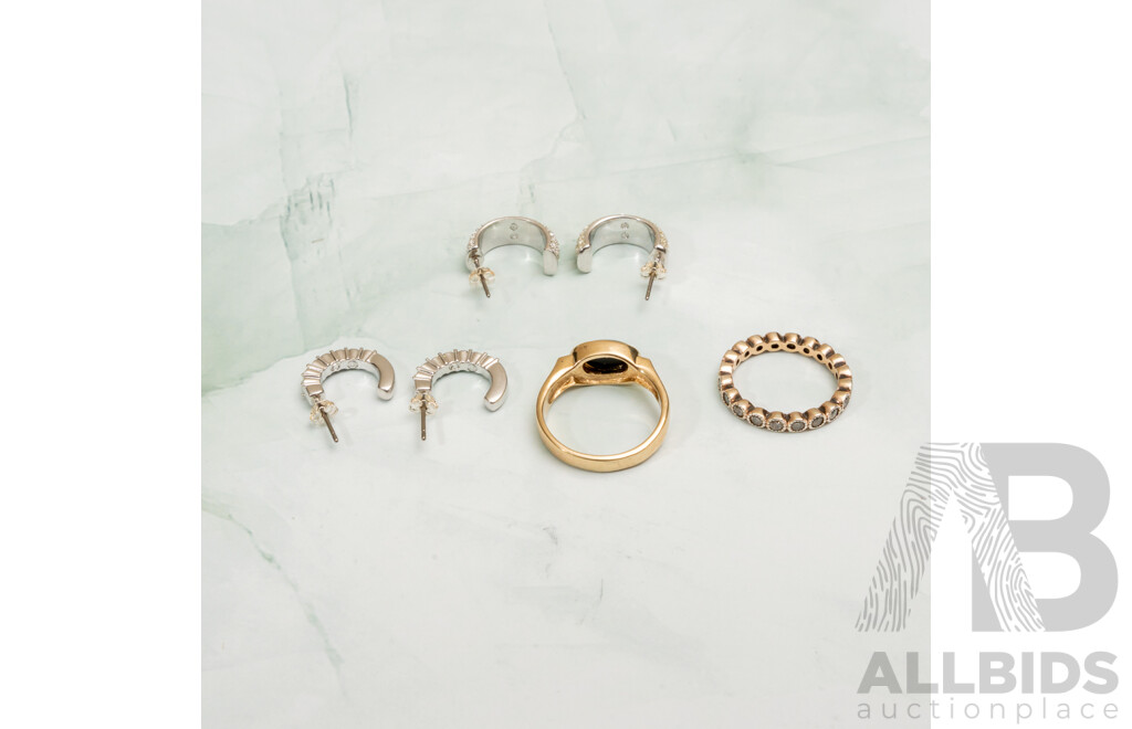 Gold Tone Sterling Silver Synthetic Opal Ring, Cz Full Hoop Ring and (2) Pairs of Swarovski Crystal Hoop Earrings