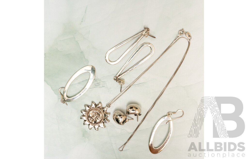 Sterling Silver Sun Pendant & (3) Pairs of Sterling Silver Earrings, All Cleaned & Polished, 19.48 Grams