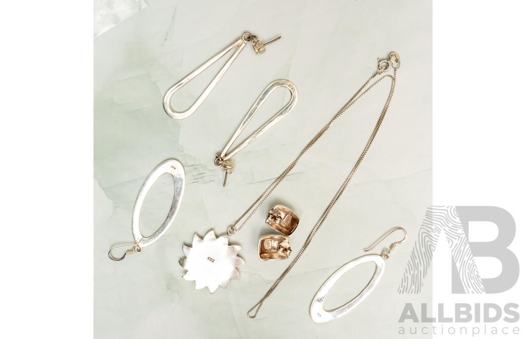 Sterling Silver Sun Pendant & (3) Pairs of Sterling Silver Earrings, All Cleaned & Polished, 19.48 Grams