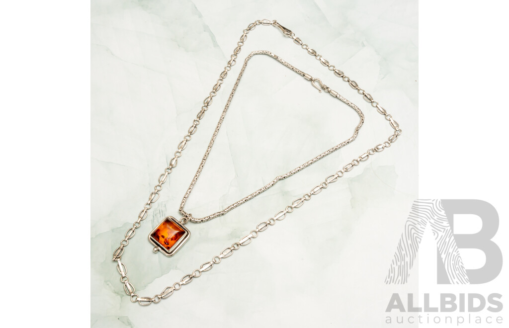 Sterling Silver Amber Cabochon Pendant on Fancy Snake Chain, 40cm & Silver Fancy Oval Link Chain, 60cm, 35.98 Grams