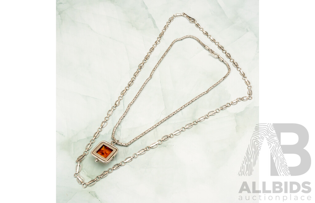 Sterling Silver Amber Cabochon Pendant on Fancy Snake Chain, 40cm & Silver Fancy Oval Link Chain, 60cm, 35.98 Grams