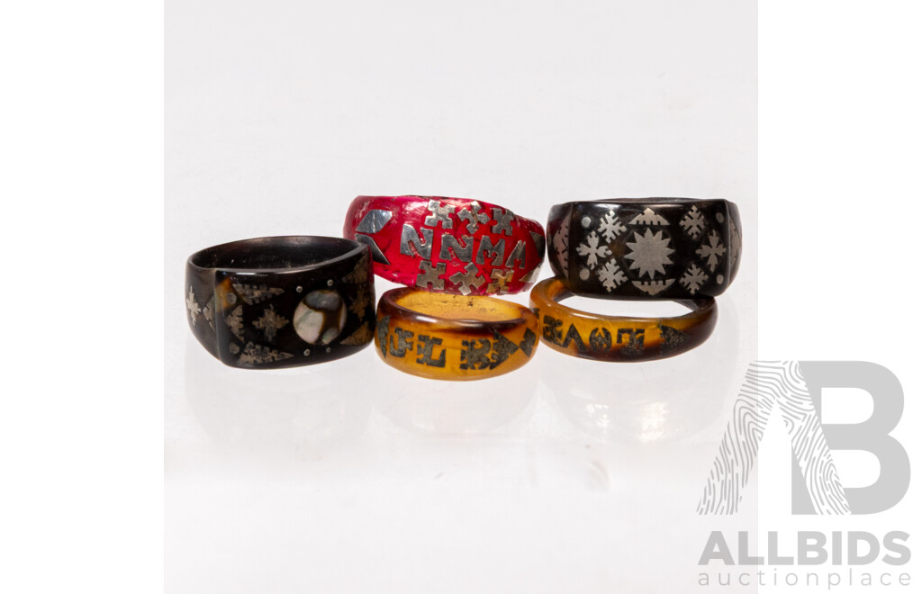 Vintage (4) Carved Tortoiseshell Rings with Inlaid Sterling Silver & Red Carved Ring with Sterling
