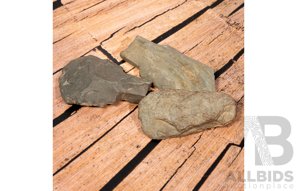Collection Two Neolithic Grey Slate Adze & Hafted Scraper Along with Mesolithic Slate Celt or Hand Axe, Allin Collection Cases, Thailand