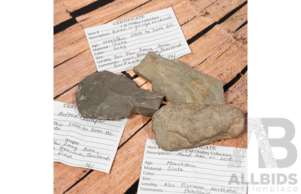 Collection Two Neolithic Grey Slate Adze & Hafted Scraper Along with Mesolithic Slate Celt or Hand Axe, Allin Collection Cases, Thailand