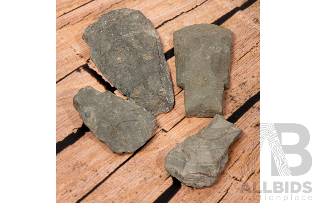 Collection Three Neolithic Items Comprising Grey Slate Adze, Two Scrapers Along with Mesolithic Slate Celt or Hand Axe, All in Collection Cases, Thailand