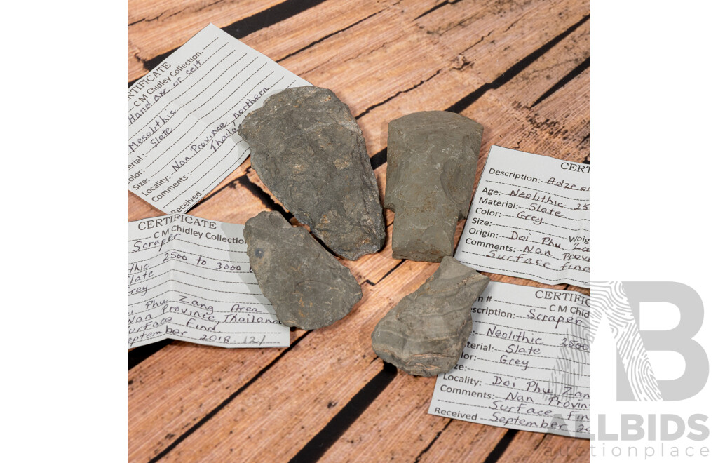 Collection Three Neolithic Items Comprising Grey Slate Adze, Two Scrapers Along with Mesolithic Slate Celt or Hand Axe, All in Collection Cases, Thailand