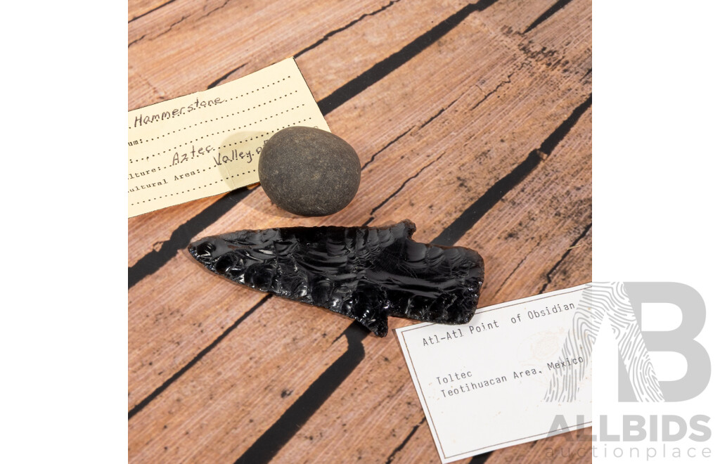 Ancient Obsidian Atlatl Point Toltec Culture, Teotihuacan Area, Mexico Along with Aztec Hammer Stone, Both in Collectors Cases