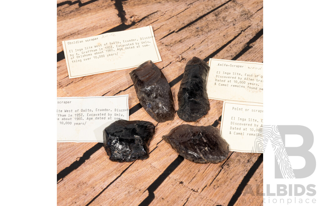 Collection Four Ancient Obsidian Items, El Inga Site, East of Quito, Eucador, Circa 10000 BCE, All in Collectors Cases