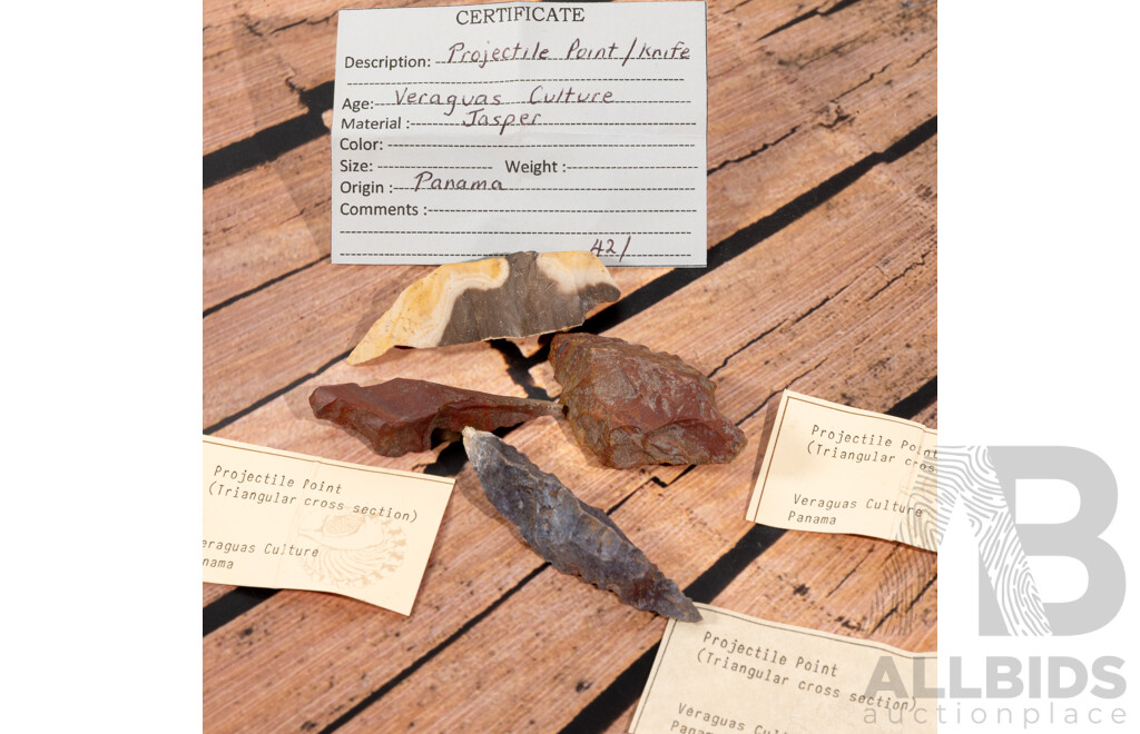 Collection Four Ancient Knapped Stone Triangular Cross Section Projectile Points Including Jasper Example, Veraguas Culture, Panama, Circa 500 to 1200 AD, All in Collectors Cases