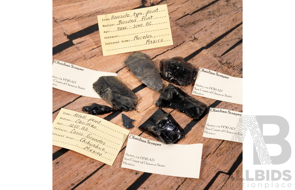 Collection Six Ancient Knapped Obsidian Items Comprising Three Scrapers, Section of Fighting Knife & Two Projectile Points,  All in Collectors Cases