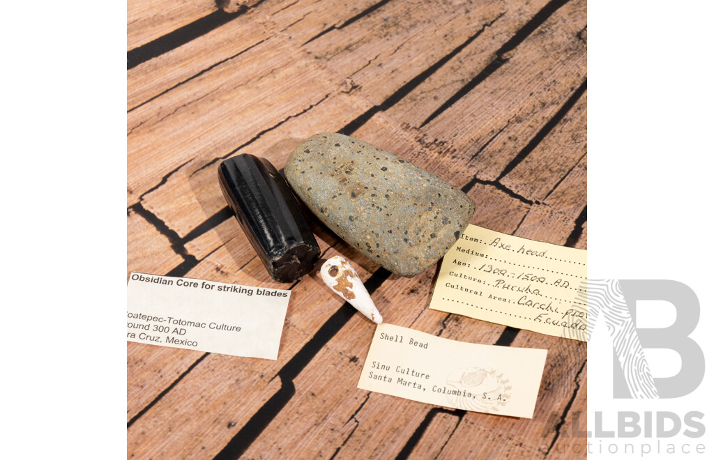 Collection Three Ancient Central American Items Comprising Obsidian Core, Shell Bead & Axe Head, All in Collectors Cases