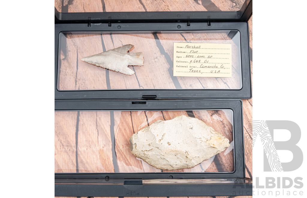 Two Fantastic Ancient Texan Native American Indian Items Comprising Knapped Flint Projectile Point Along with Scraper, Both in Collectors Cases