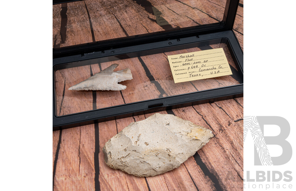 Two Fantastic Ancient Texan Native American Indian Items Comprising Knapped Flint Projectile Point Along with Scraper, Both in Collectors Cases