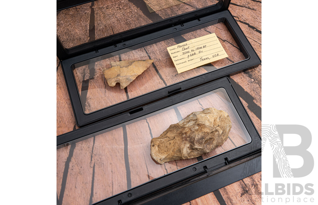 Two Ancient Texan Native American Indian Items Comprising Knapped Flint Projectile Point Along with Scraper, Both in Collectors Cases