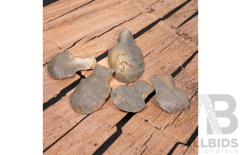 Collection Five Ancient Neolithic Flint Hand Knapped Scrapers, Glovers Cave Site, Trenton, Christian County, Kentucky, USA