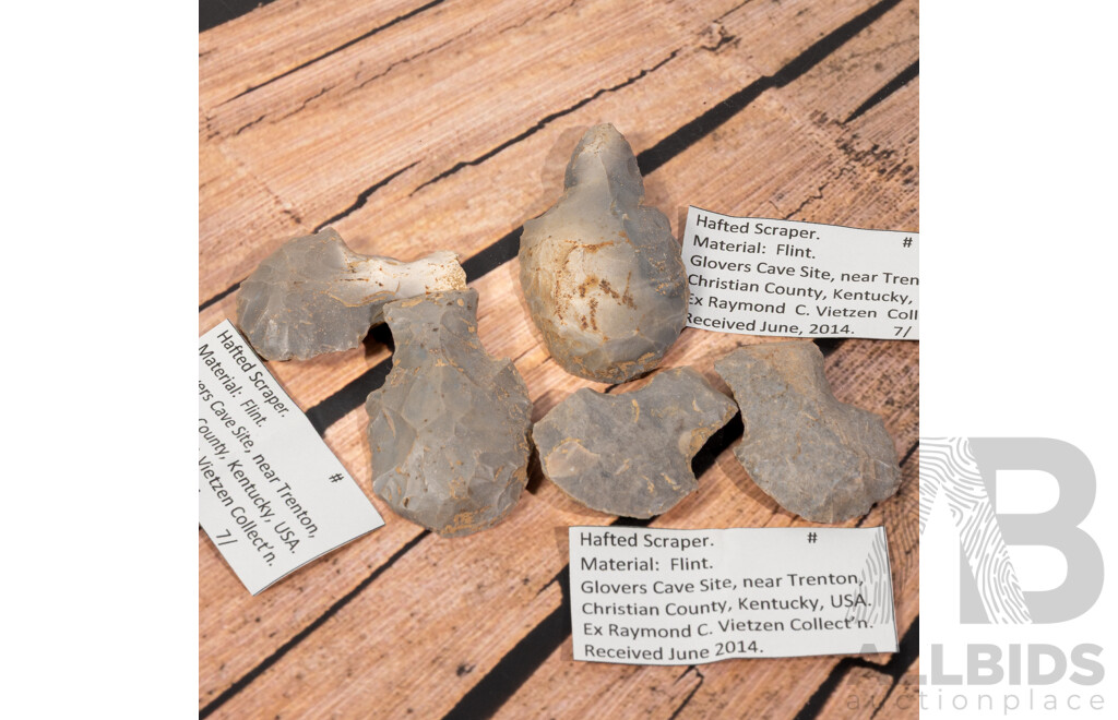 Collection Five Ancient Neolithic Flint Hand Knapped Scrapers, Glovers Cave Site, Trenton, Christian County, Kentucky, USA