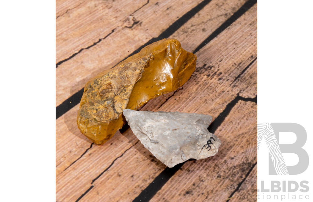 Collection Two Ancient Neolithic North American Items Comprising River Polished Petrified Palm Wood Knife & Atl Atl Point From Pre Pottery Site, Both in Collectors Cases