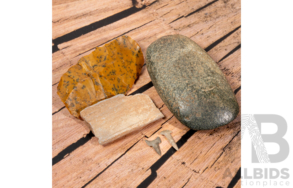 Collection Five Ancient North American Items Comprising Archaic Stone Celt Axe Head, Moss Oalite Scraper, Two Drill Bits & Pottery Rim Sherd,  All in Collectors Cases