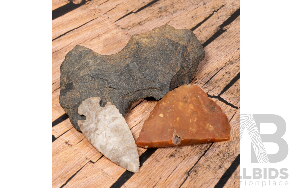 Collection Three Ancient North American Items Comprising Flint St Charles Projectile Point, Novaculite Axe Head, Flint Knife with Hinge Fracture,  All in Collectors Cases