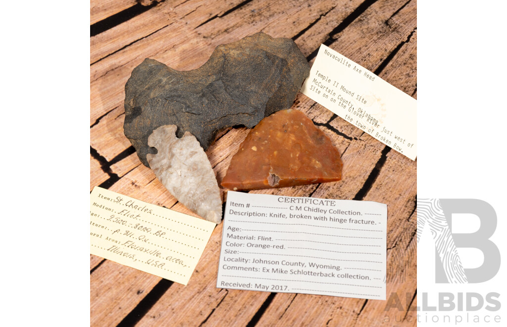 Collection Three Ancient North American Items Comprising Flint St Charles Projectile Point, Novaculite Axe Head, Flint Knife with Hinge Fracture,  All in Collectors Cases