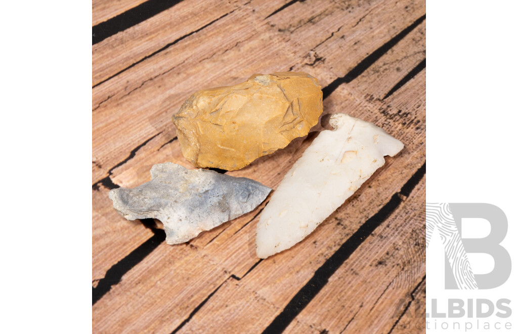 Collection Three Ancient North American Items Comprising Silcified Coral Projectile Point, Projectile Point & Flint Scraper All in Collectors Cases