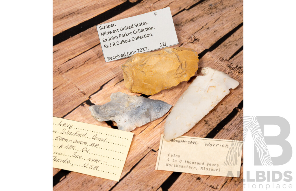 Collection Three Ancient North American Items Comprising Silcified Coral Projectile Point, Projectile Point & Flint Scraper All in Collectors Cases