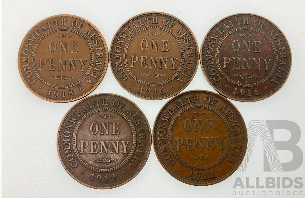 Five Australian KGV Foreign Mint Pennies Including 1912H(2) 1916I(2) 1918I