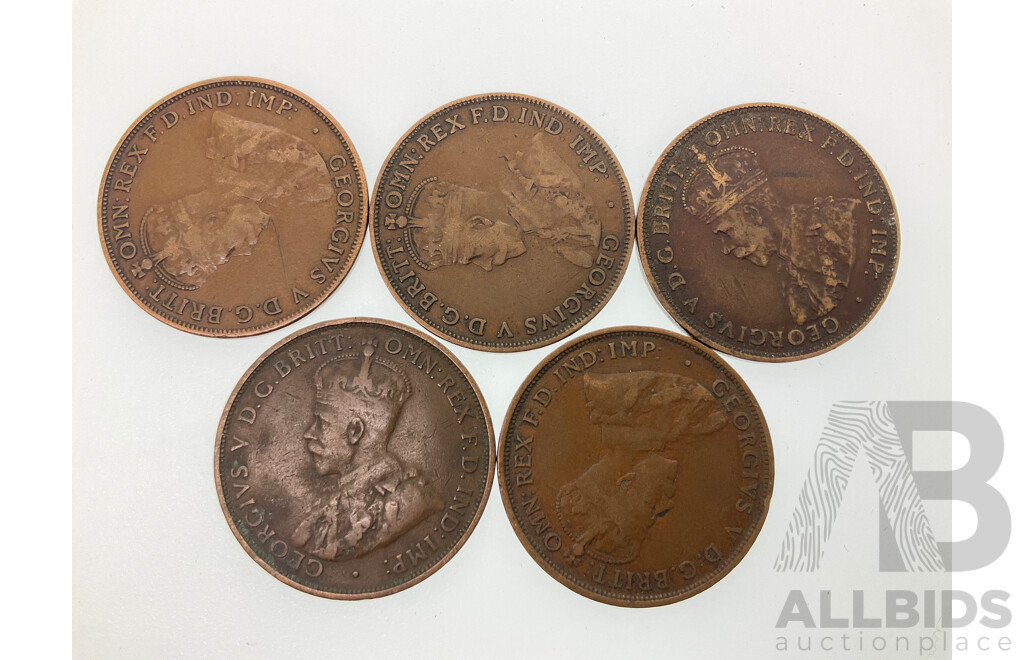 Five Australian KGV Foreign Mint Pennies Including 1912H(2) 1916I(2) 1918I