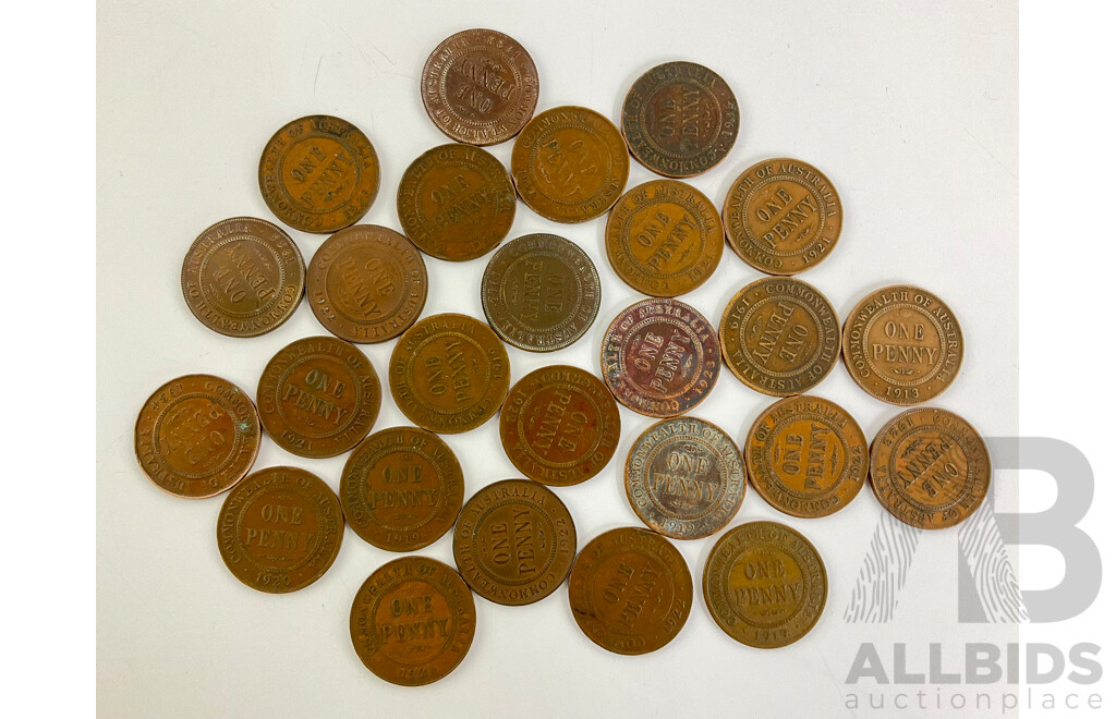 Collection of Australian KGV Pennies, Examples Spanning 1919 to 1936