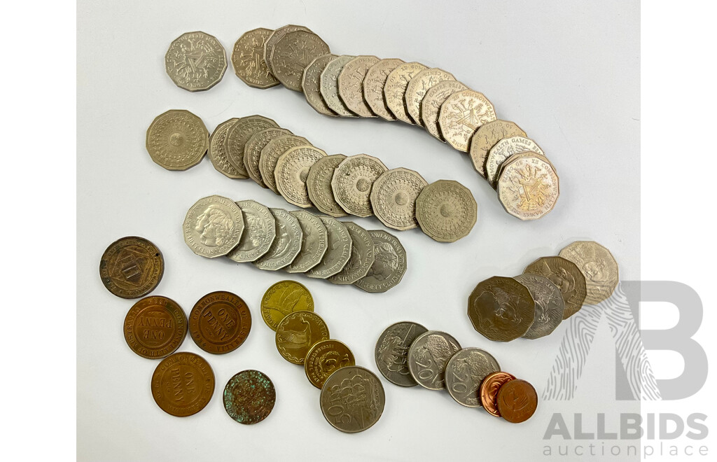 Australian 1897 Victorian Sunday Schools Demonstration Medallion, Commemorative Fifty Cent Coins 1970(4) 1977(10) 1981(7) 1982(16) Three KGV Pennies, New Zealand One Dollars, Fifty Cents