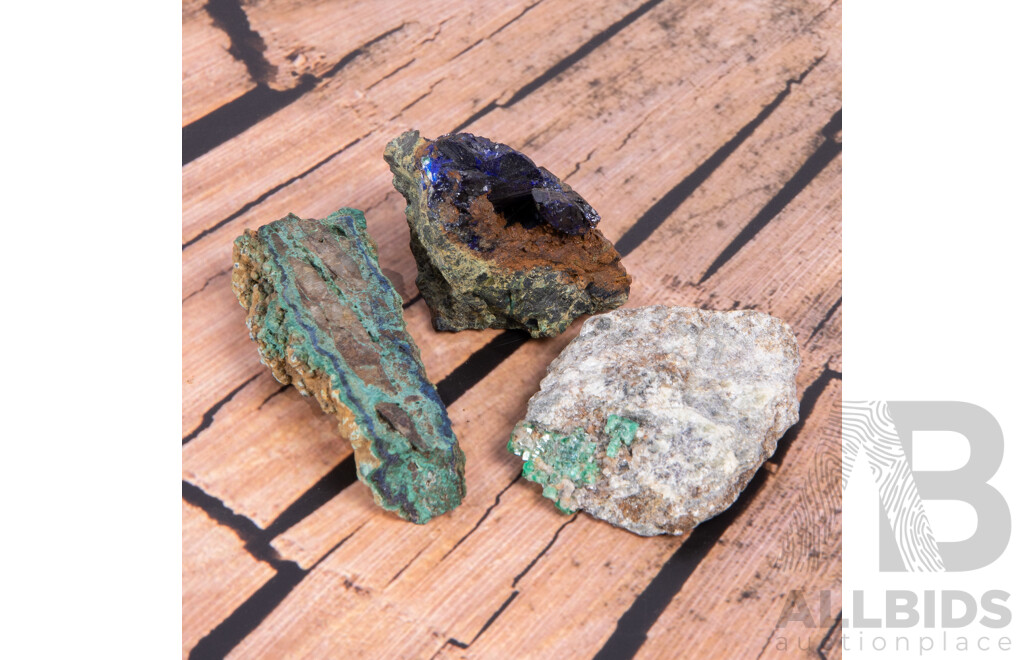 Malechite and Azurite Mineral Specimens in Collectors Frames, From the Pat Collins Collection